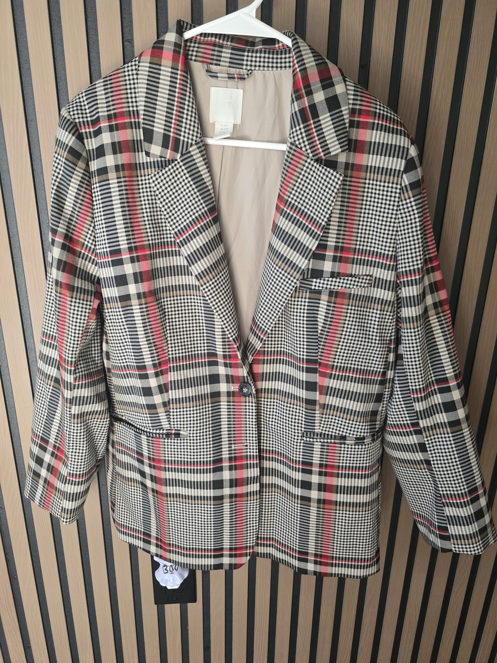 H&M Plaid Blazer in Black, Cream & Red